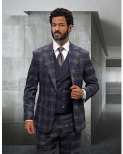 Statement Men's 3 Piece 100% Wool Fashion Suit - Plaid Pattern